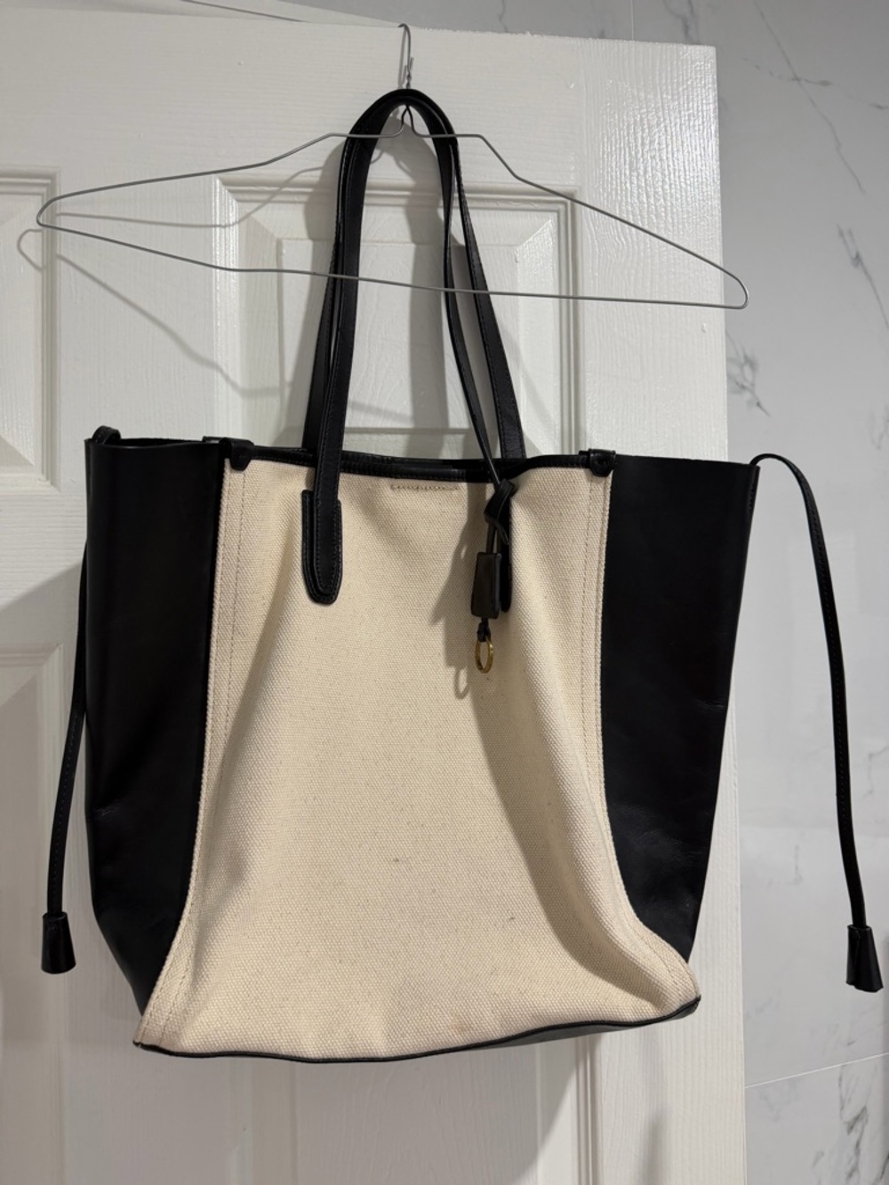 J crew Canvas and Black Leather Contrast Tote Bag - Cream/Black
